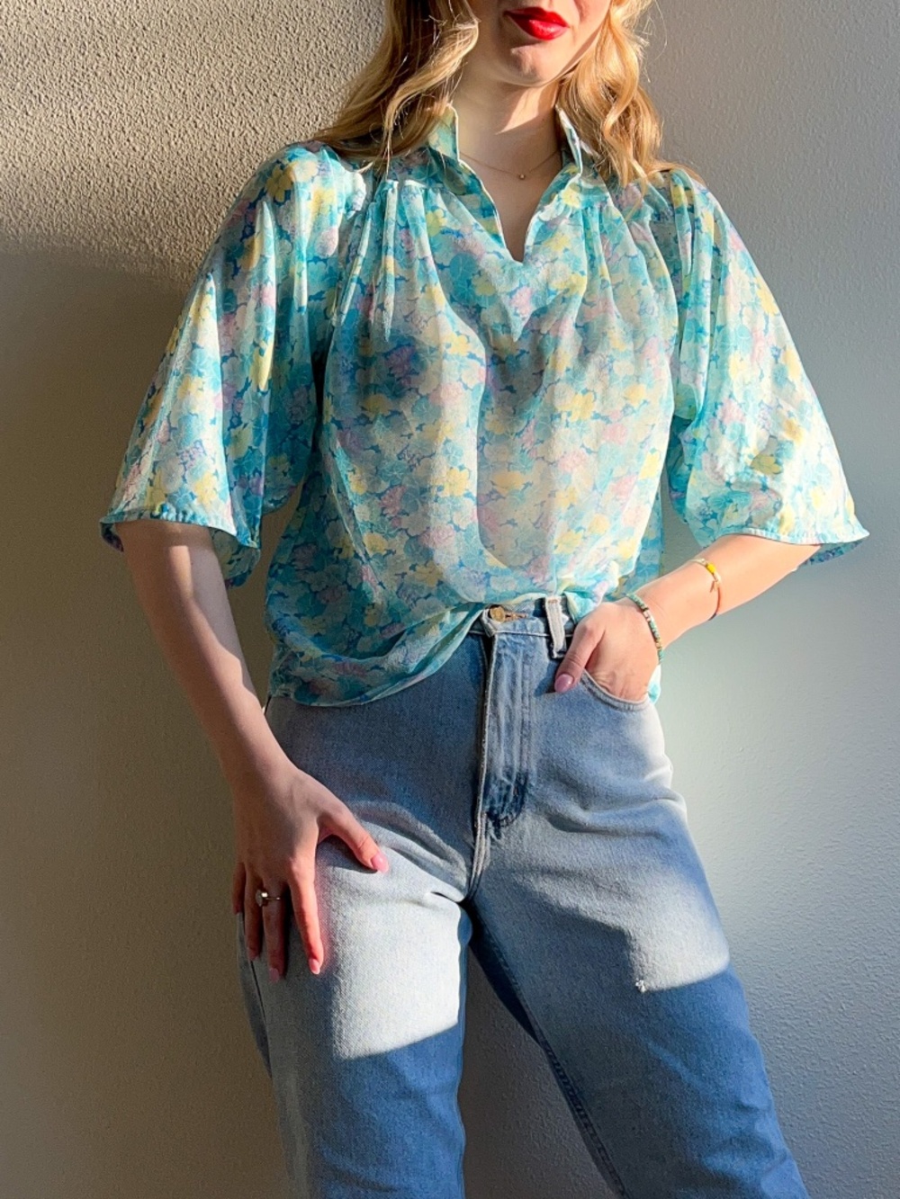 Vintage 1970s Cyan Blue Floral Breezy Blouse (M)